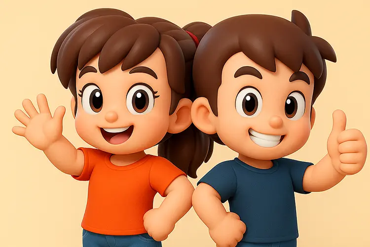 Cartoonish 3D characters waving.
